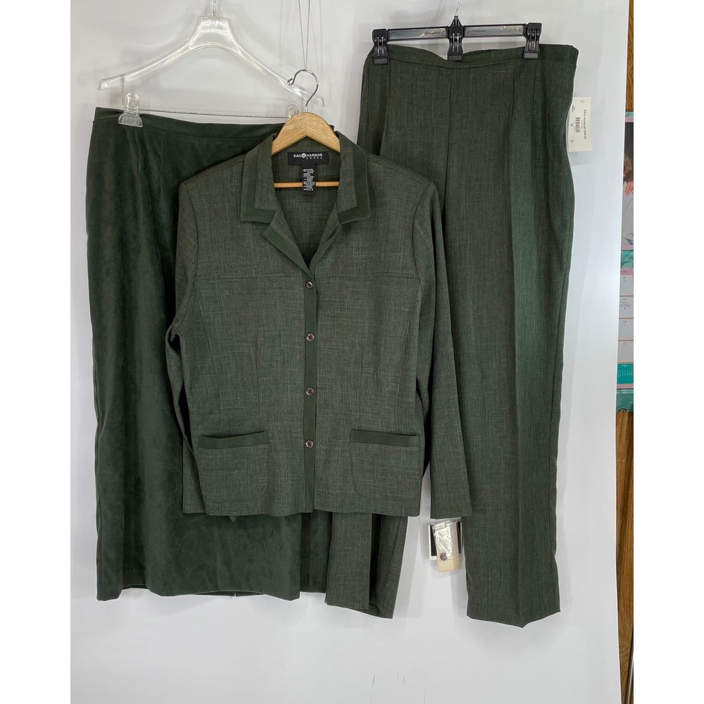 NWT Sag Harbor Women Suit Set 18 3-Piece Skirt Pants Blazer Olive Green